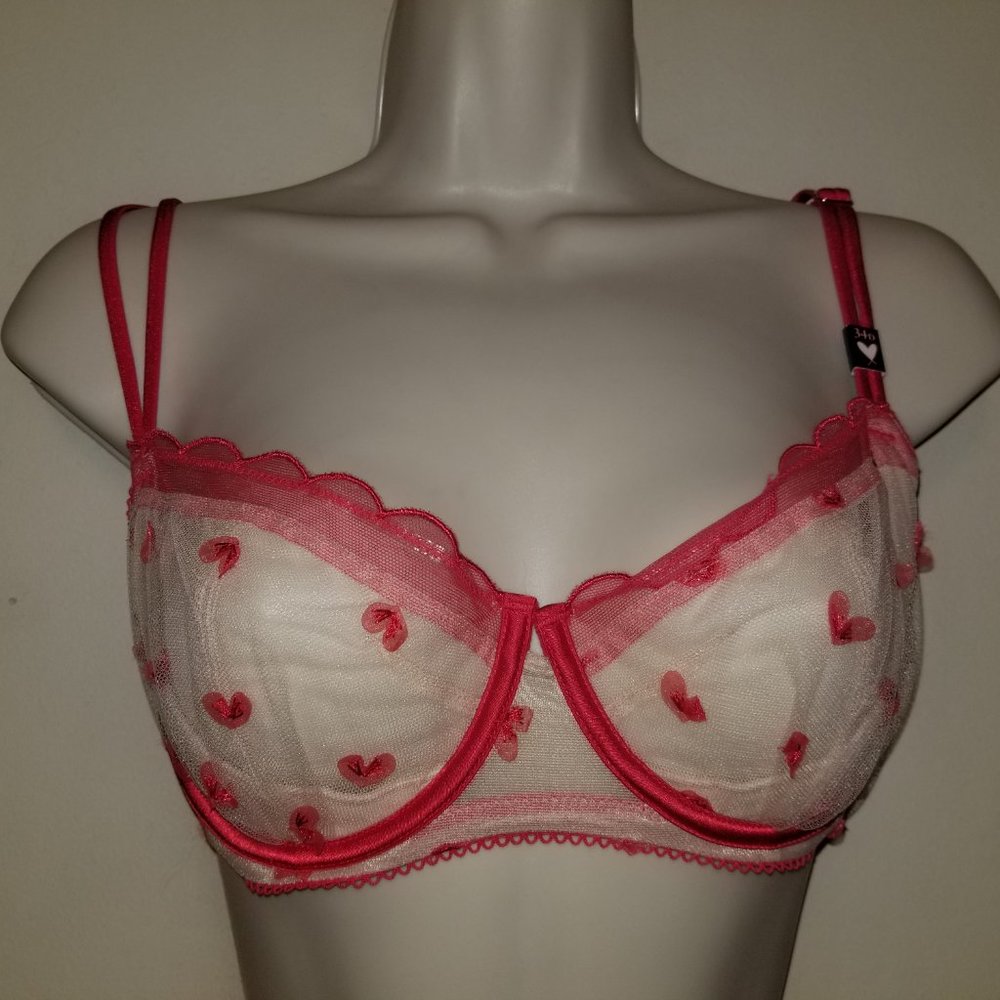 Victoria's Secret Sheer Cream and Pink Heart Embroidered Underwire Bra